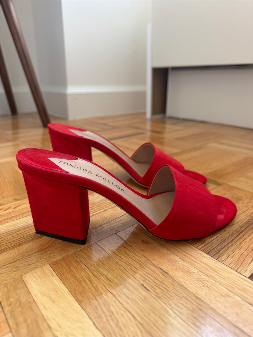 Tamara Mellon Red Suede Peep-Toe Block Heel Pumps